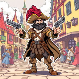 A medieval musketeer man illustrated in a vibrant comic style, brandishing two stylish pistols, one in each hand, exuding an aura of confidence and adventure