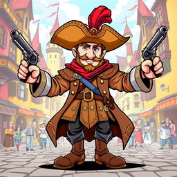 A medieval musketeer man illustrated in a vibrant comic style, brandishing two stylish pistols, one in each hand, exuding an aura of confidence and adventure