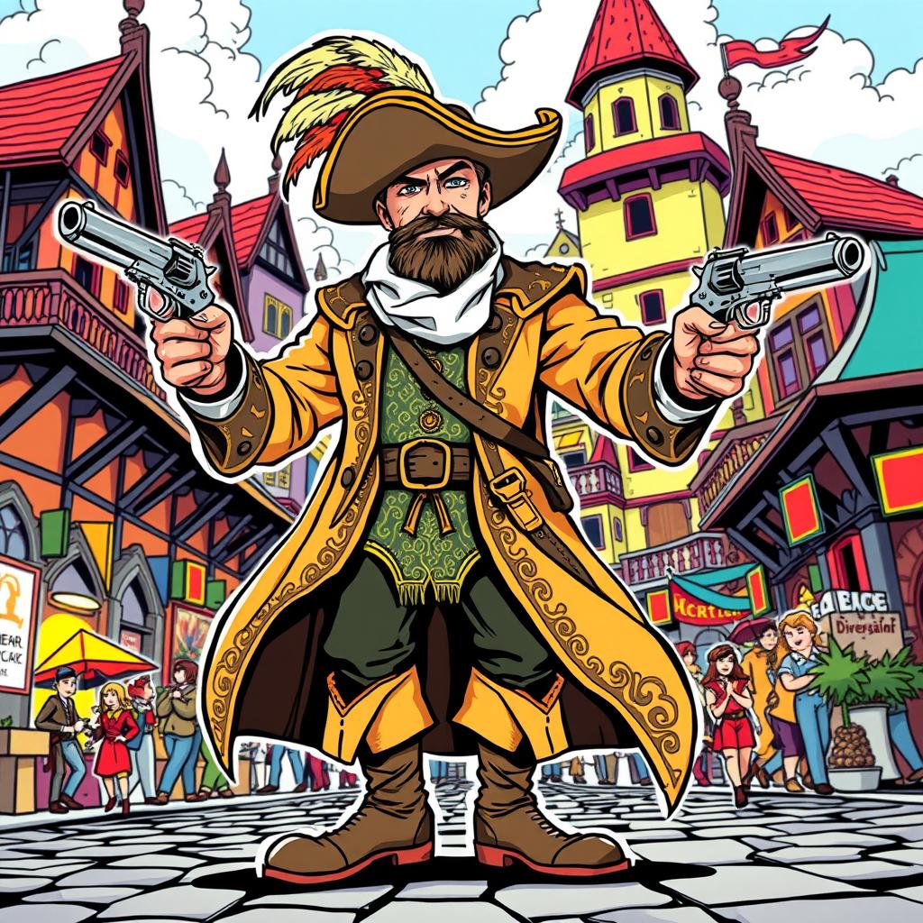 A medieval musketeer man illustrated in a vibrant comic style, brandishing two stylish pistols, one in each hand, exuding an aura of confidence and adventure
