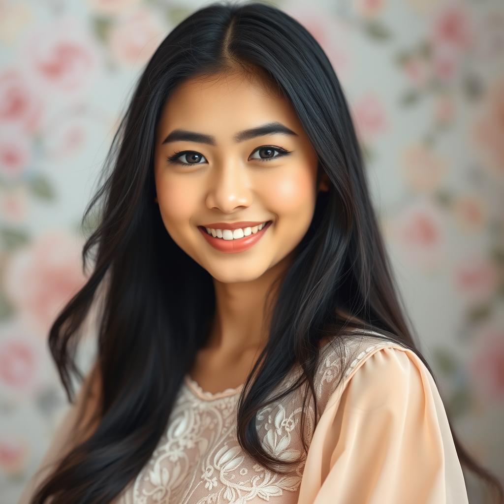 A beautiful portrait of Sufiah Najwa Rahim, a young woman with long flowing black hair and luminous skin, set against a soft, blurred floral background