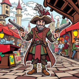 A medieval musketeer man illustrated in a lively comic style, confidently holding two ornate pistols, one in each hand