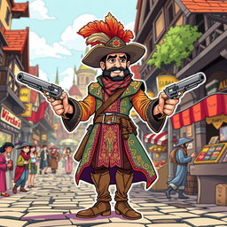 A medieval musketeer man illustrated in a lively comic style, confidently holding two ornate pistols, one in each hand