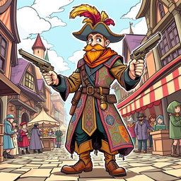 A medieval musketeer man illustrated in a lively comic style, confidently holding two ornate pistols, one in each hand
