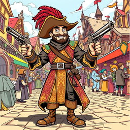 A medieval musketeer man illustrated in a lively comic style, confidently holding two ornate pistols, one in each hand
