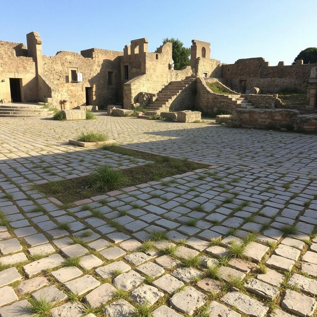 An old village square filled with ancient ruins, featuring broken stone structures scattered around