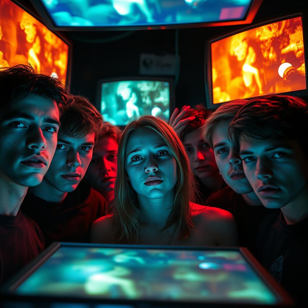 Five young people - four men and one woman - are depicted in a dimly lit room, their faces partially illuminated by the neon glow of multiple screens that display distorted footage