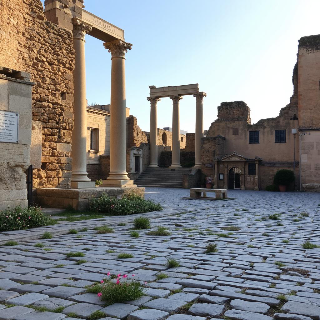 A square featuring ancient ruins, with remnants of old stone structures and broken columns