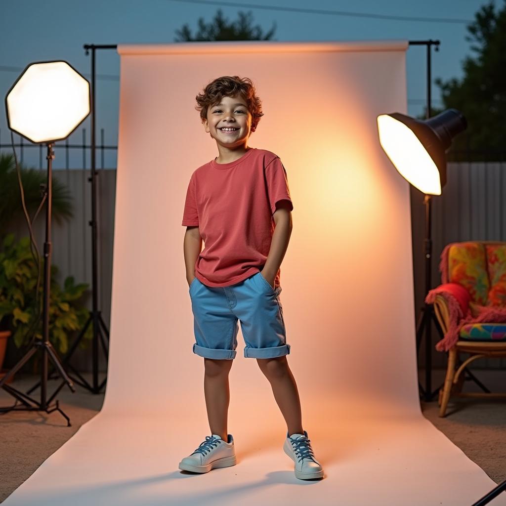 A stylish outdoor photo shoot featuring a confident young boy dressed in a trendy t-shirt and casual shorts
