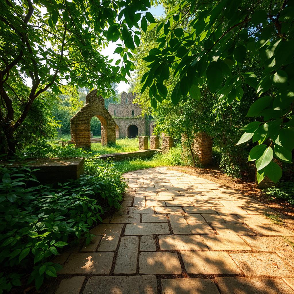 A lush green natural landscape featuring some ancient ruins and a weathered, old tiled ground