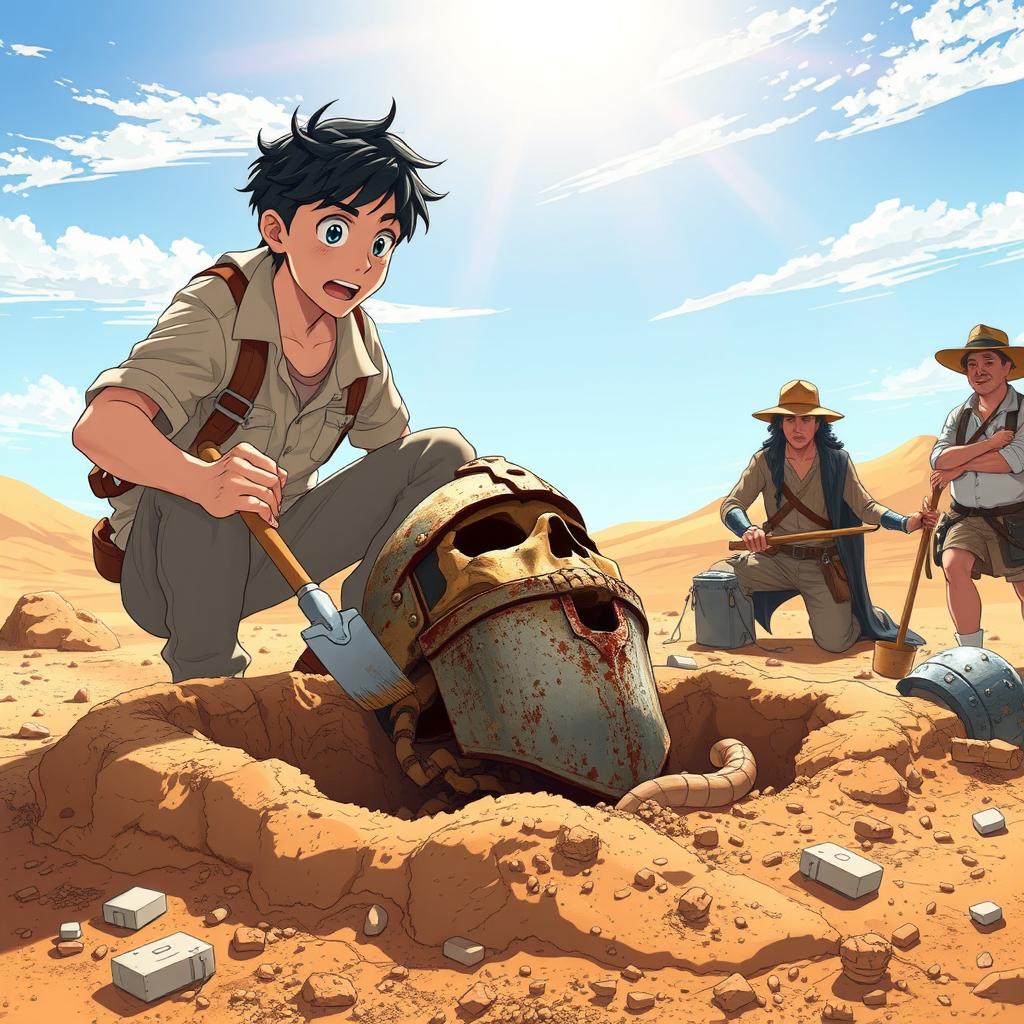 An anime style illustration depicting a vivid archaeological dig scene under the bright midday sun