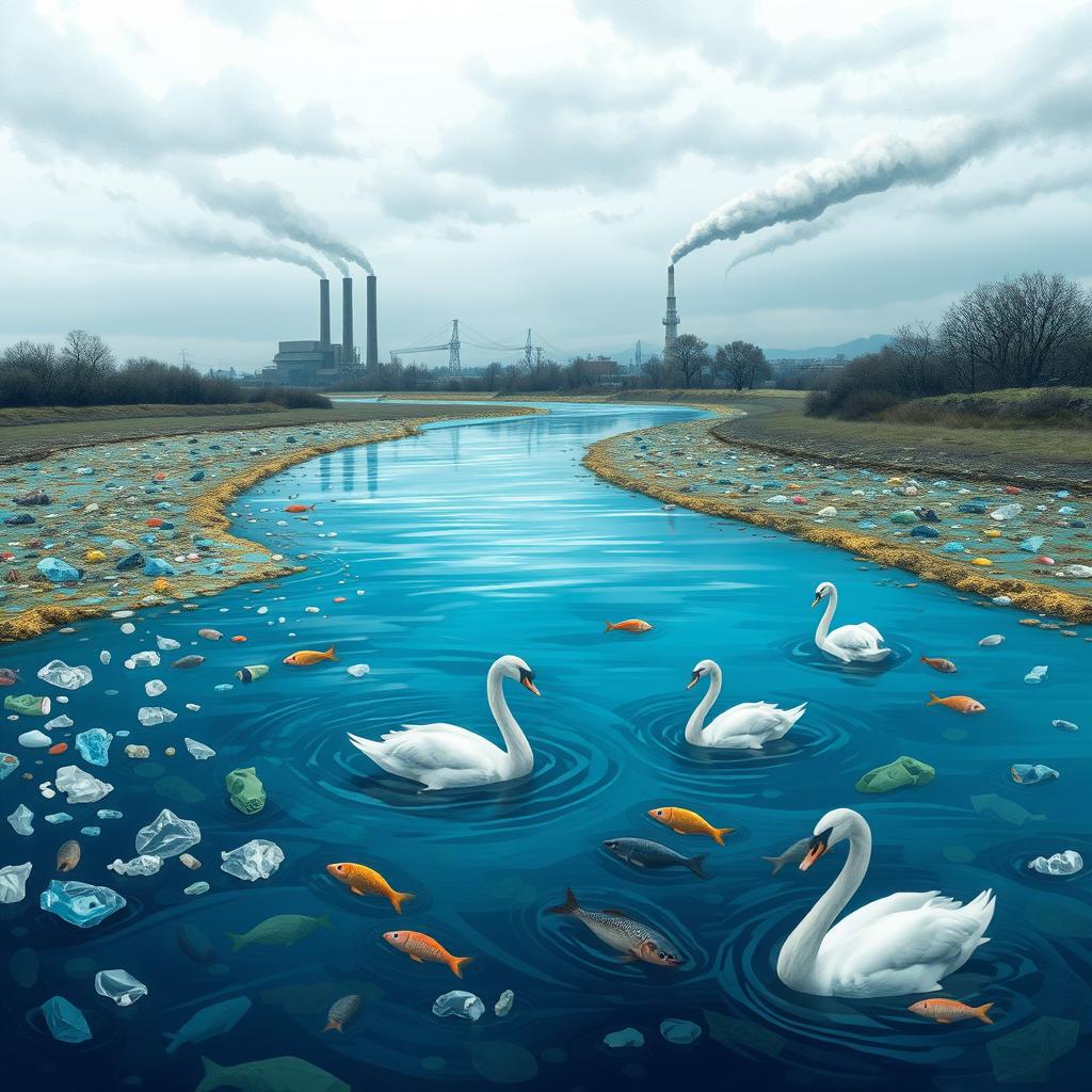 A visually striking and thought-provoking illustration of water pollution, featuring a polluted river with floating plastic waste, industrial factory smoke in the background, and a stark contrast between the clear blue water at the edges and the murky, contaminated center