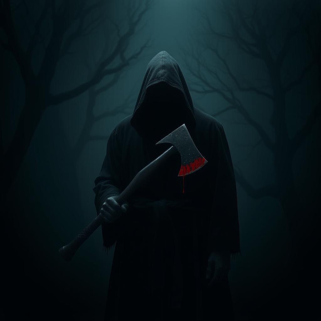 A hooded executioner standing ominously in a dark, foggy environment, grasping a bloodstained axe