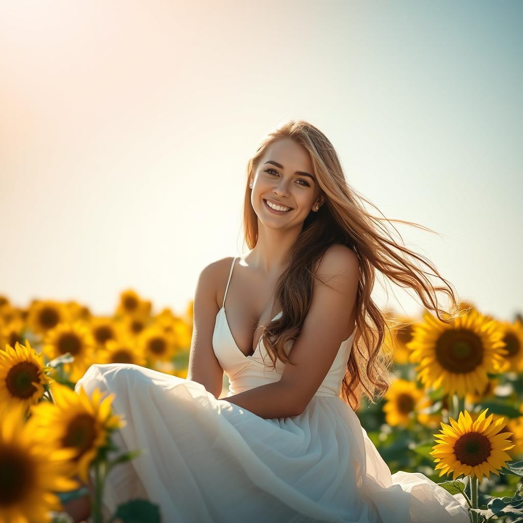 A stunningly beautiful woman with long flowing hair cascading over her shoulders, sitting in a vibrant sunflower field under a clear blue sky
