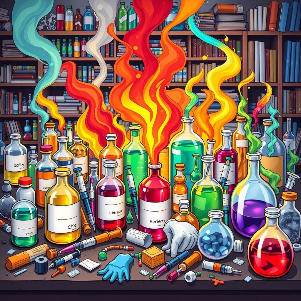 A colorful and detailed illustration of various chemical substances and waste materials, showcasing bottles with labels of different chemicals, syringes, and flasks in a laboratory setting
