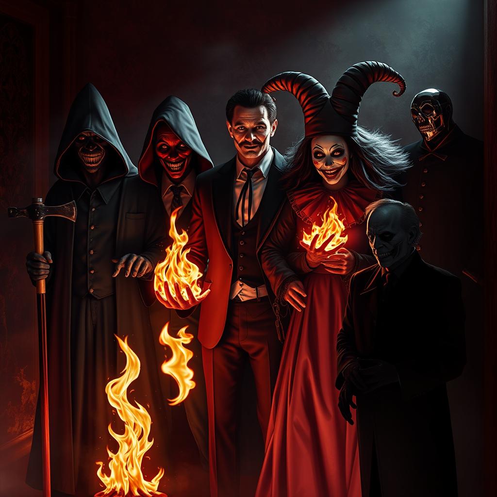 A chilling collection of five distinct characters: 1) The Executioner, a shadowy figure in a dark hood, holding a bloody axe, emanating a menacing aura