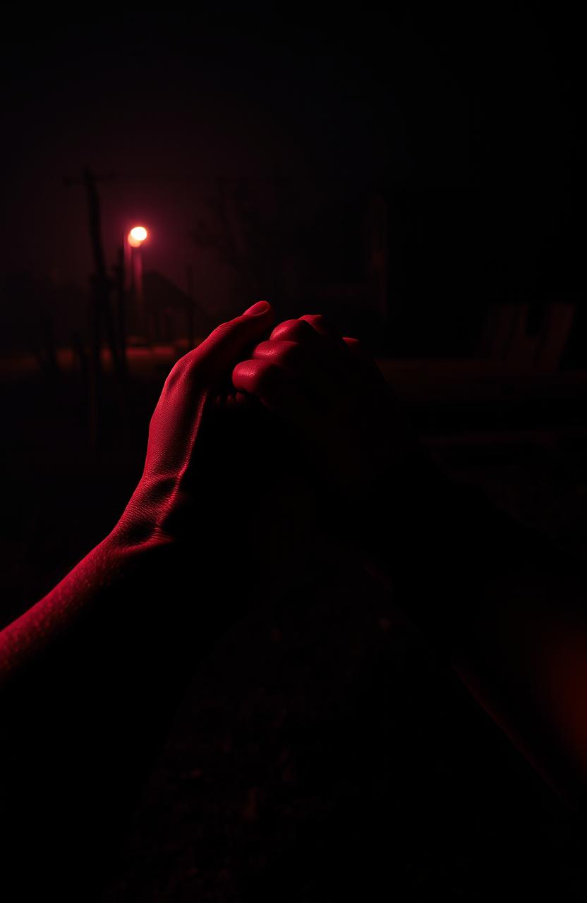 A dramatic scene captured at night featuring a dark and moody atmosphere, illuminated by soft, eerie light
