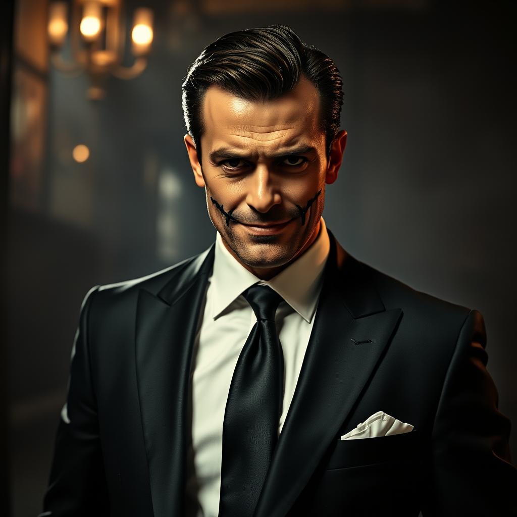 A deceitful man in an elegant suit, featuring stitched black threads across his lips, creating a striking and unsettling visual