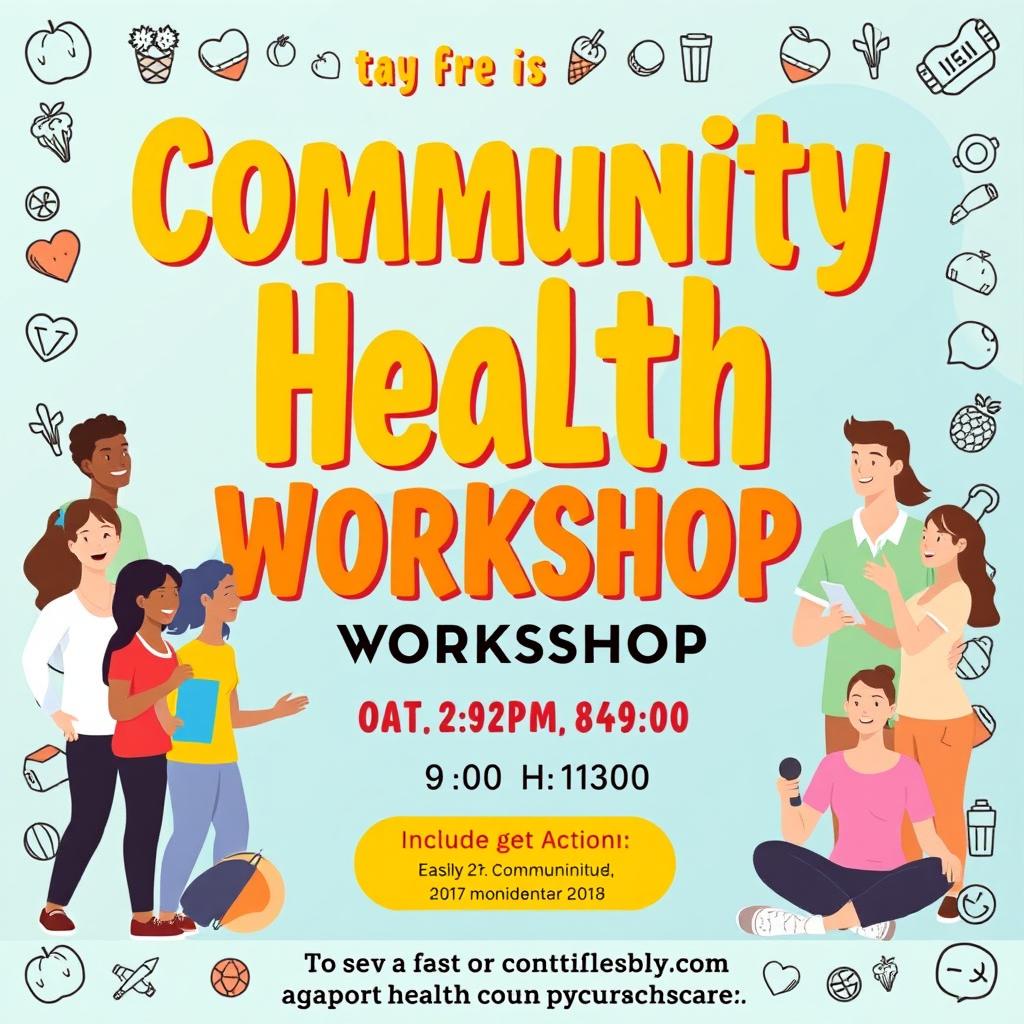 A vibrant and informative poster for a public health workshop, featuring diverse individuals engaged in health-related activities