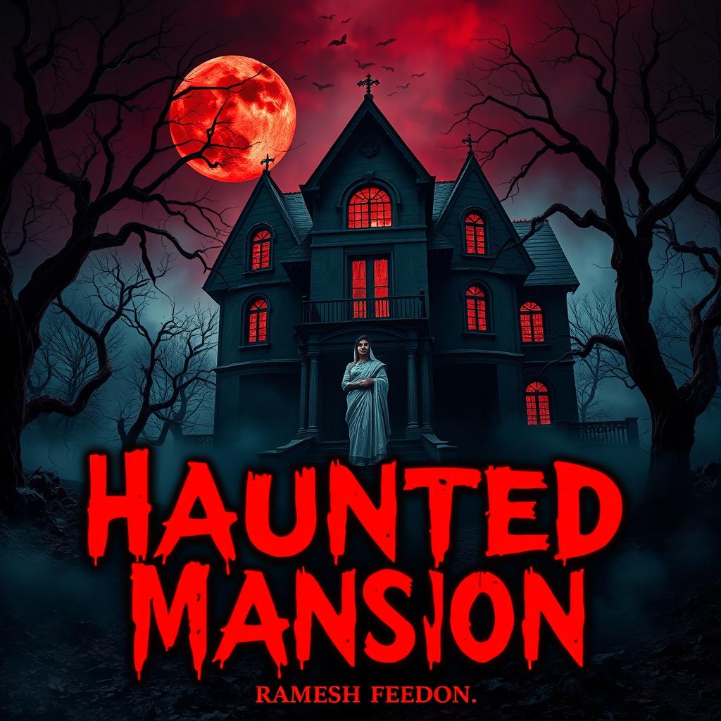 A dark, abandoned mansion under a blood-red moon, surrounded by eerie mist