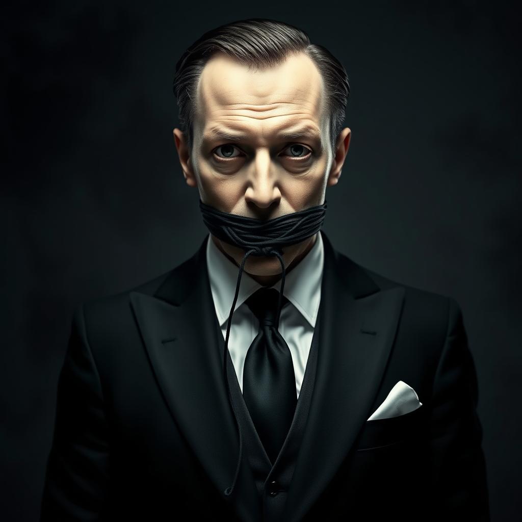 A deceitful man dressed in an elegant suit, intricately stitched around the mouth, with empty, cold eyes