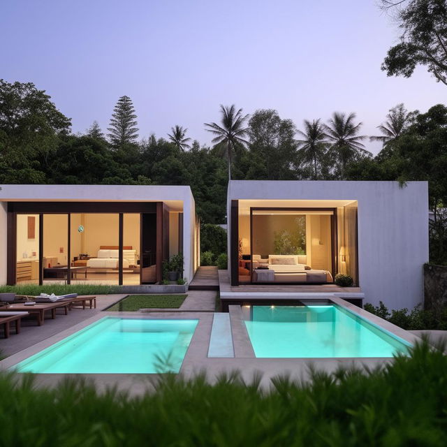 Design a two-story modern minimalist villa on a 100 square meter plot near Panai. Features include an infinity pool, a rooftop open-space relaxation area, a living room for socializing, a car port on the first floor, and a bathroom on each floor with two bedrooms.