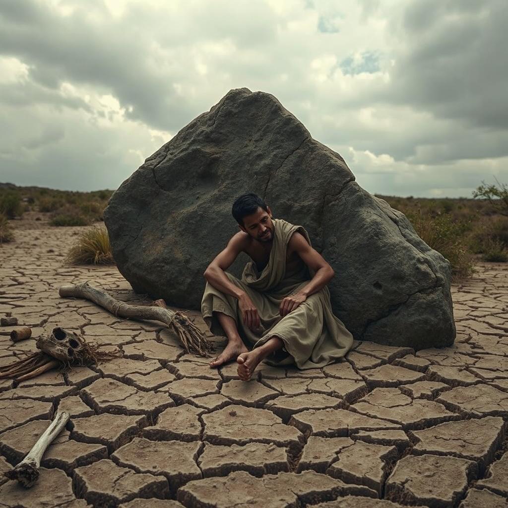 A stunning visual representation of hunger, depicting a barren landscape with cracked earth and parched vegetation