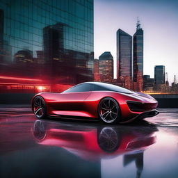 Design a polished, sleek, futuristic sports car with sharp edges, highlighted in bold red under the limelight. It stands stark against an industrial steel backdrop under a clear night sky.