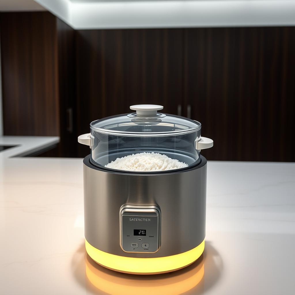 A modern rice cooker equipped with a sophisticated lighting system