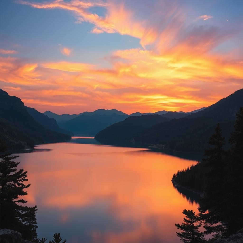 A breathtaking landscape featuring a serene lake surrounded by lush green mountains