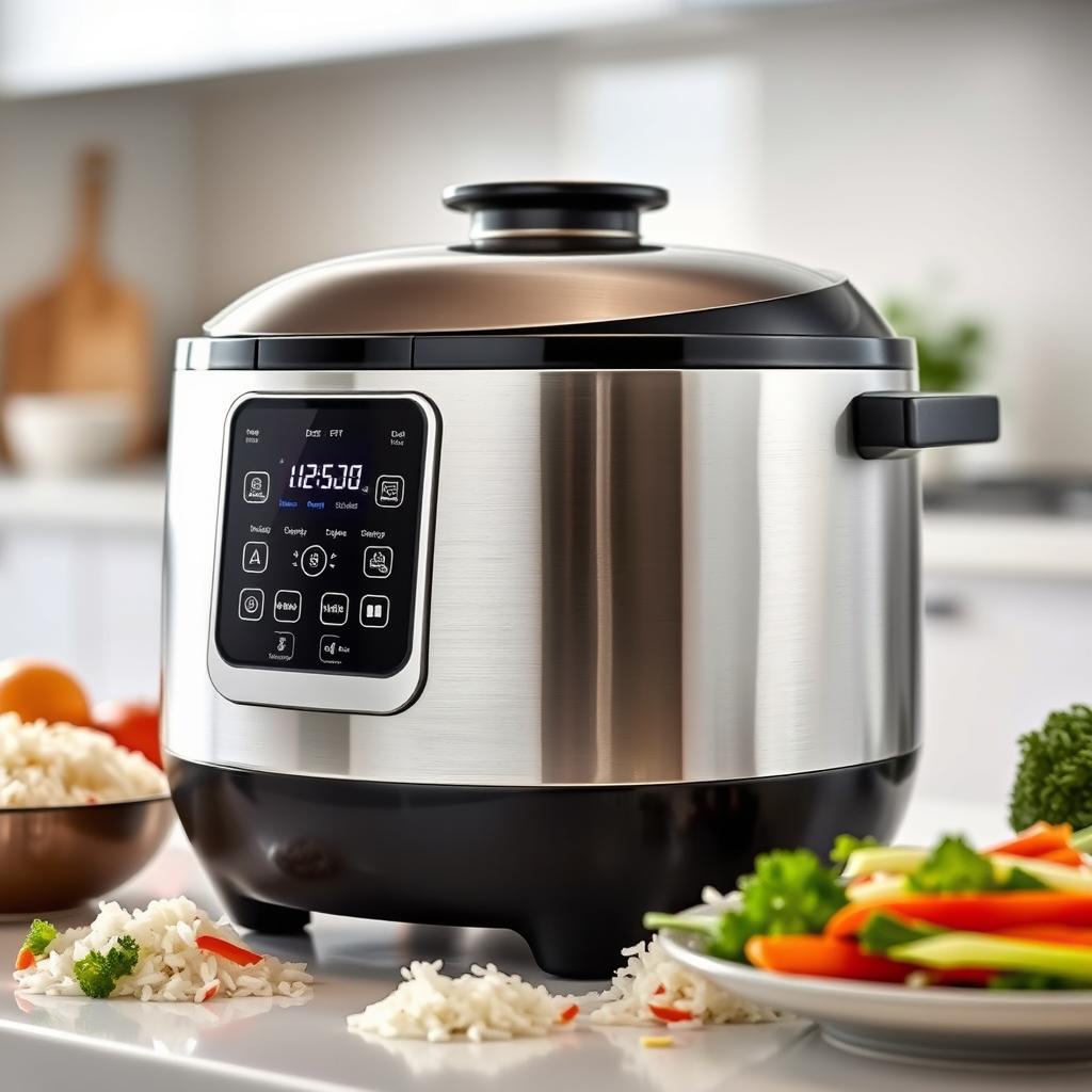 A sleek, modern rice cooker featuring a high-tech touch screen interface