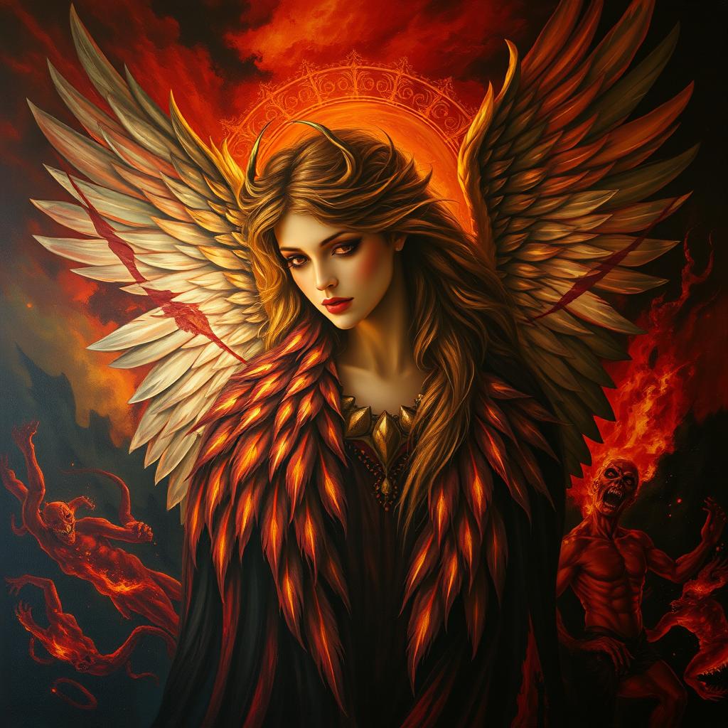 An oil painting that blends elements of realism, cubism, and abstract styles depicting a stunningly beautiful angel set against a dark hellish background