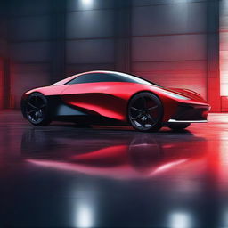 Design a polished, sleek, futuristic sports car with sharp edges, highlighted in bold red under the limelight. It stands stark against an industrial steel backdrop under a clear night sky.