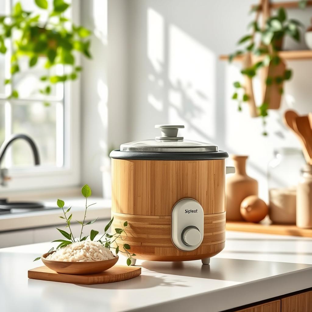 A beautifully designed eco-friendly rice cooker made from bamboo and recycled materials, showcasing its sleek, modern look