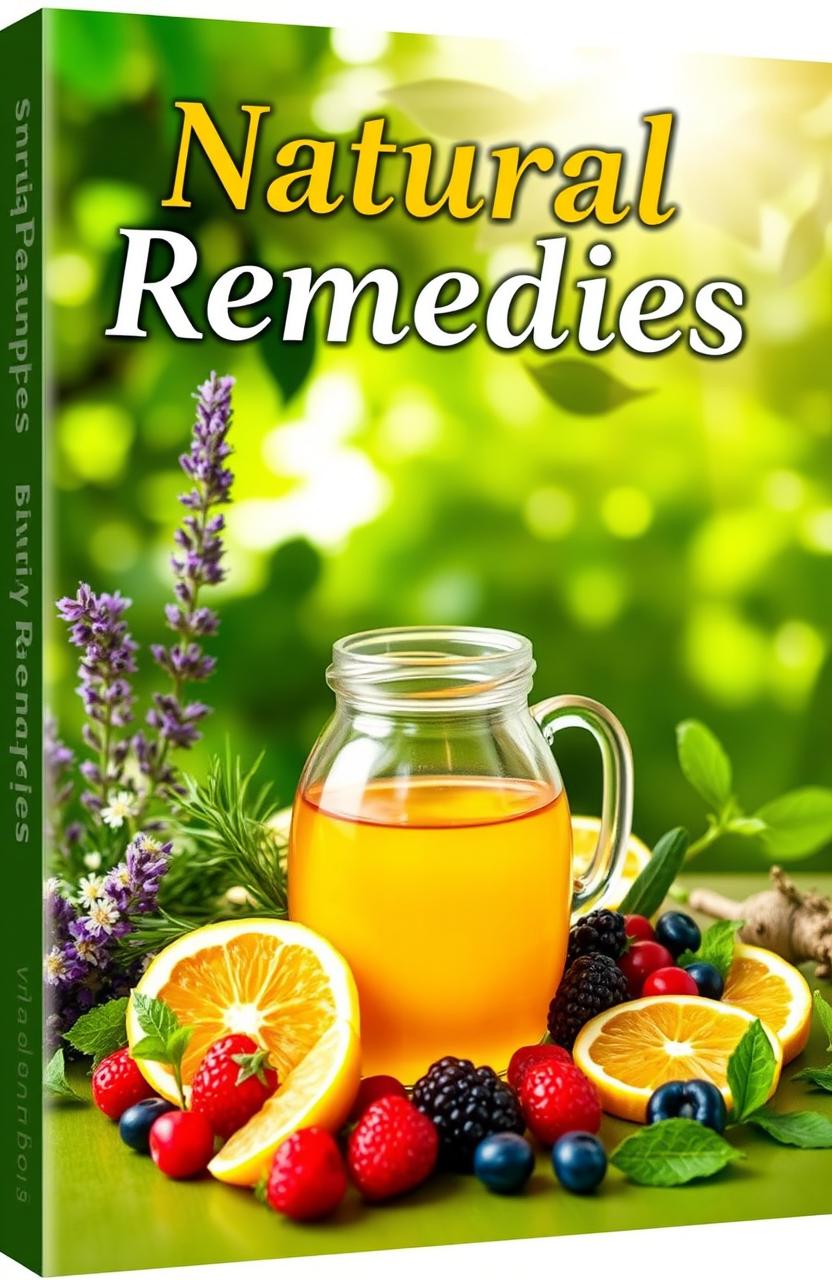 An inviting and serene ebook cover about Natural Remedies, featuring a lush green background with a variety of herbs such as lavender, rosemary, and chamomile artistically arranged