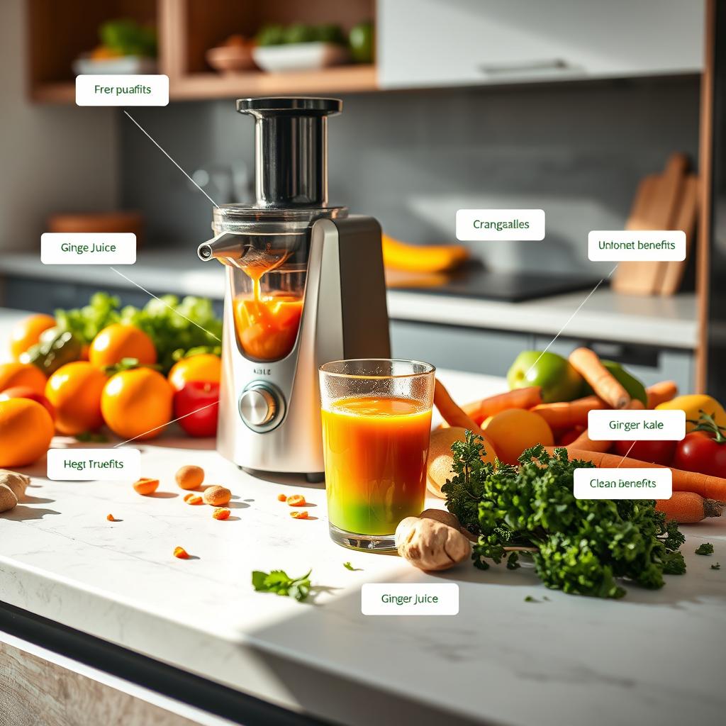 A vibrant and enticing scene of smart juicing at a modern kitchen countertop