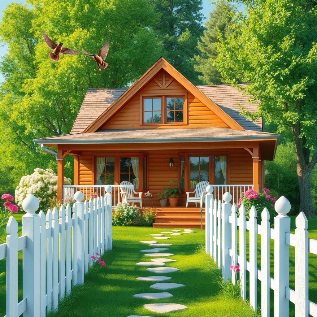 A cozy and charming house nestled in a lush green landscape, surrounded by blooming flowers and tall trees