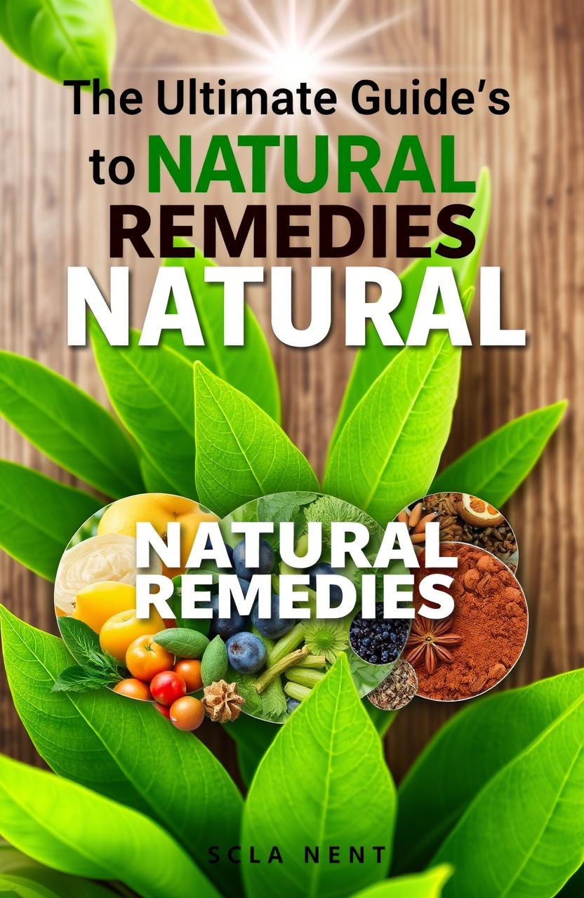 A captivating ebook cover design for 'The Ultimate Guide to Natural Remedies' featuring vibrant images that represent weight loss, radiant skin, diabetes control, parasite cleansing, and gut health