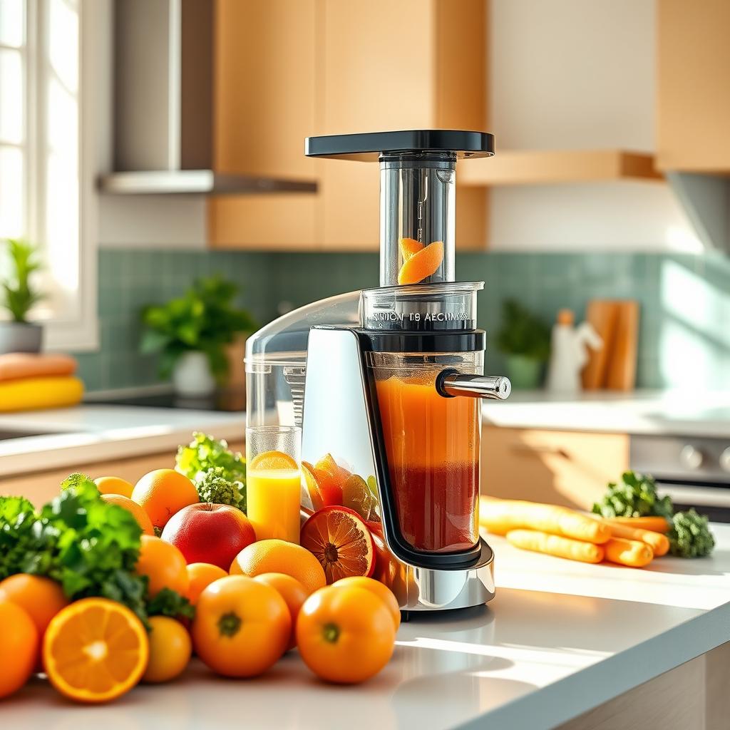 A bright and modern kitchen showcasing a sleek, high-tech two-step juicer in action, surrounded by a colorful array of fresh fruits and vegetables like oranges, apples, carrots, and kale