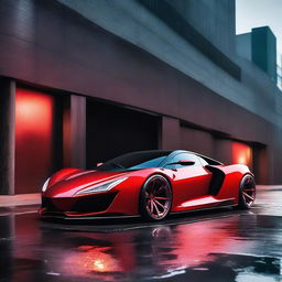 Design a polished, sleek, futuristic sports car with sharp edges, highlighted in bold red under the limelight. It stands stark against an industrial steel backdrop under a clear night sky.