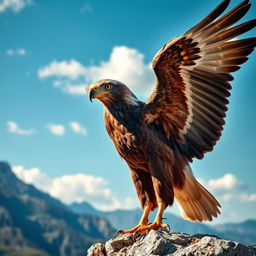 A stunning and majestic eagle standing on a rocky ledge, with its impressive wings partially spread