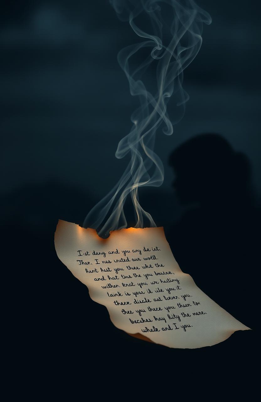 A hauntingly beautiful scene featuring a half-burnt letter with words drifting into the night like wisps of smoke, blending seamlessly with the dark sky