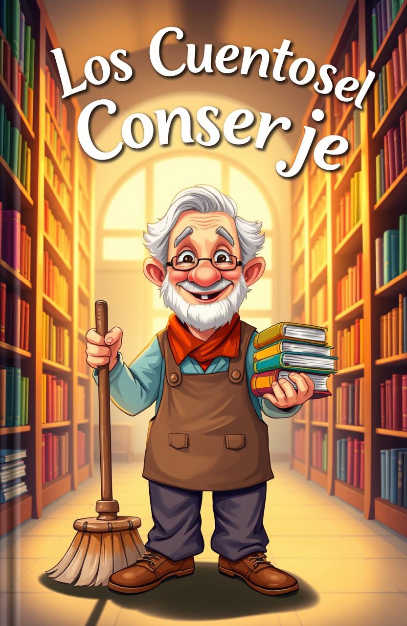 A beautiful, whimsical illustration of a book cover titled 'Los Cuentos del Conserje'