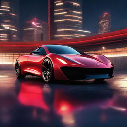 Design a polished, sleek, futuristic sports car with sharp edges, highlighted in bold red under the limelight. It stands stark against an industrial steel backdrop under a clear night sky.