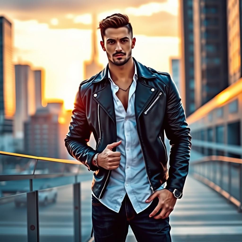 A handsome male figure exuding confidence, standing tall in a stylish urban environment