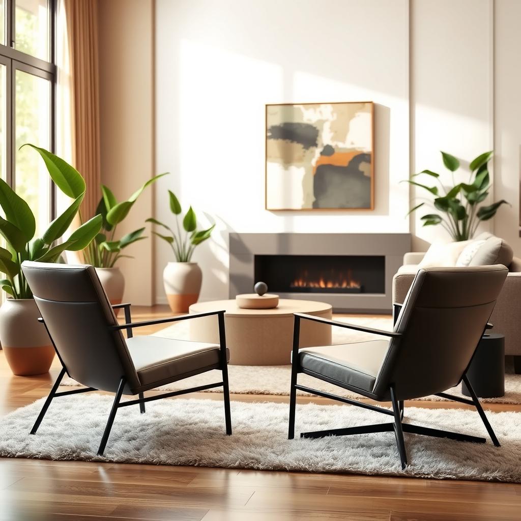 A stylish interior design scene featuring a pair of modern chairs, with sleek lines and a minimalist aesthetic