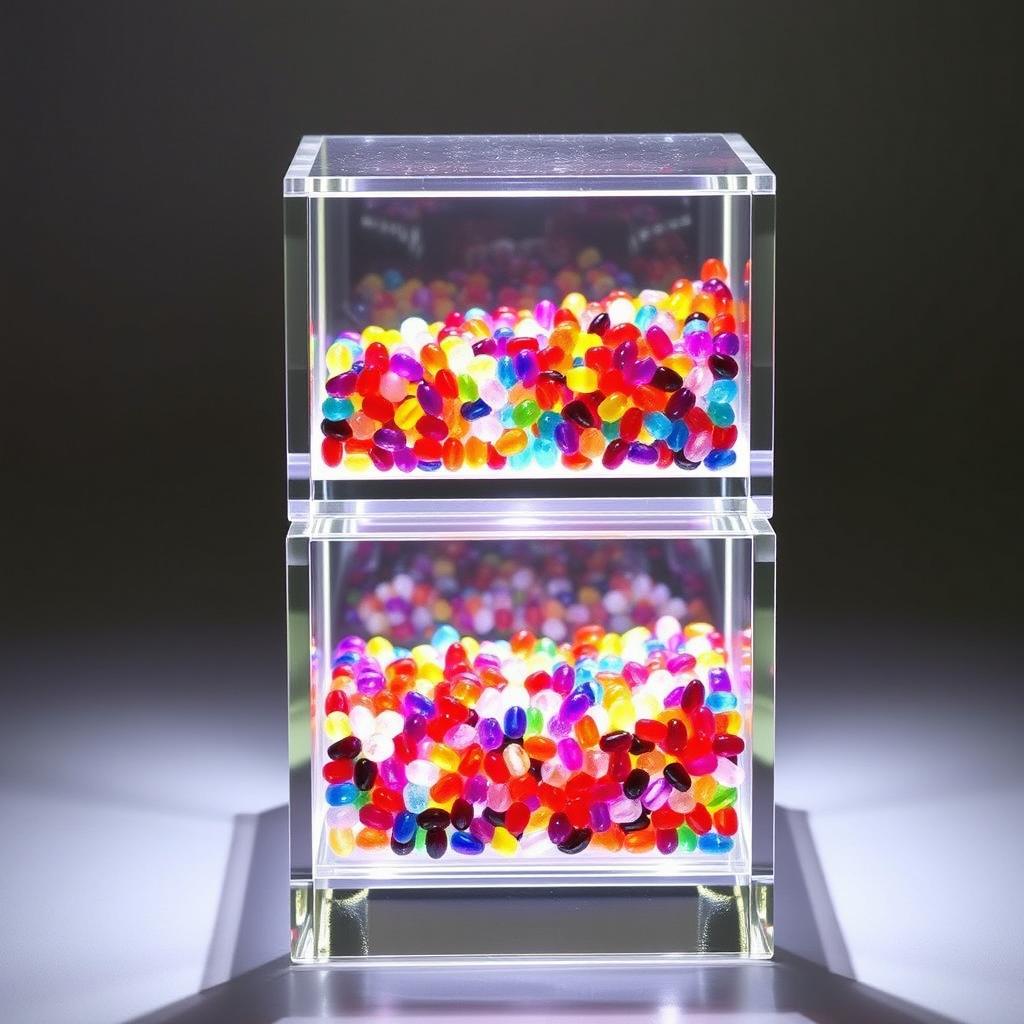 A beautiful, elegant two-tier glass box with a stunning design, featuring the upper tier filled with an array of small colorful beads