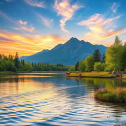 A serene and beautiful landscape featuring a tranquil lake surrounded by lush green trees and colorful wildflowers