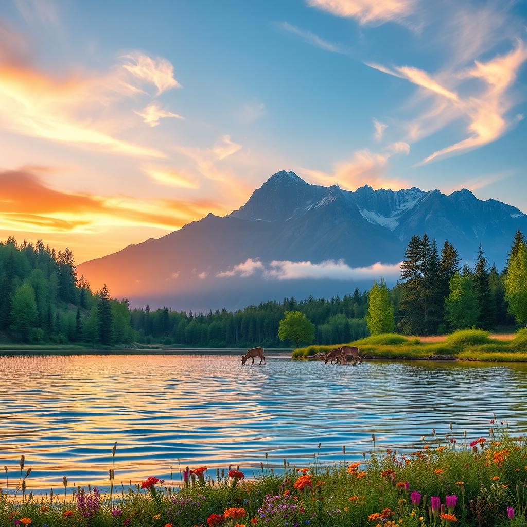 A serene and beautiful landscape featuring a tranquil lake surrounded by lush green trees and colorful wildflowers