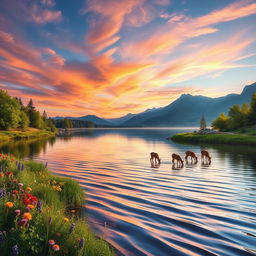 A serene and beautiful landscape featuring a tranquil lake surrounded by lush green trees and colorful wildflowers