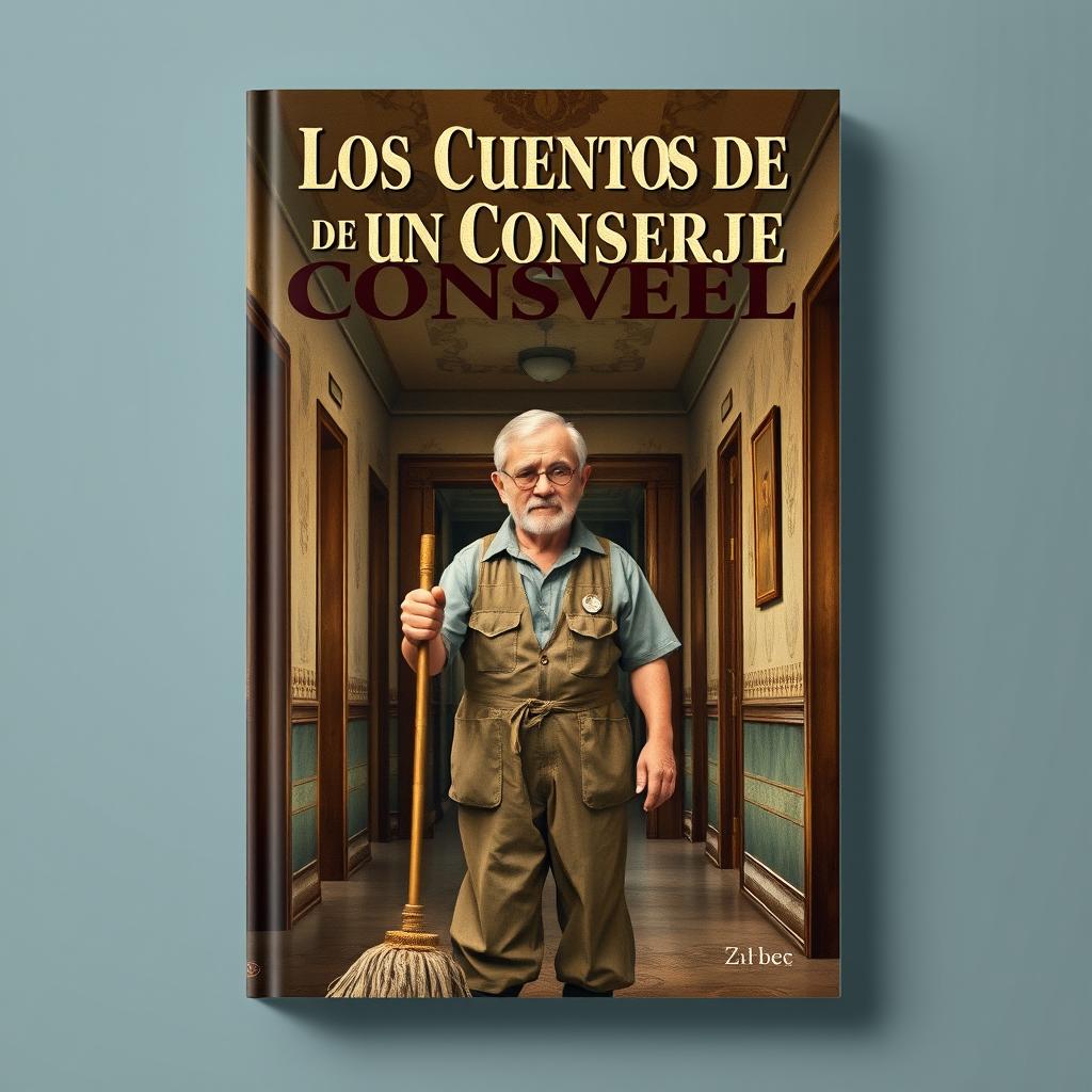 A realistic book cover design for a novel titled 'Los Cuentos de un Conserje'